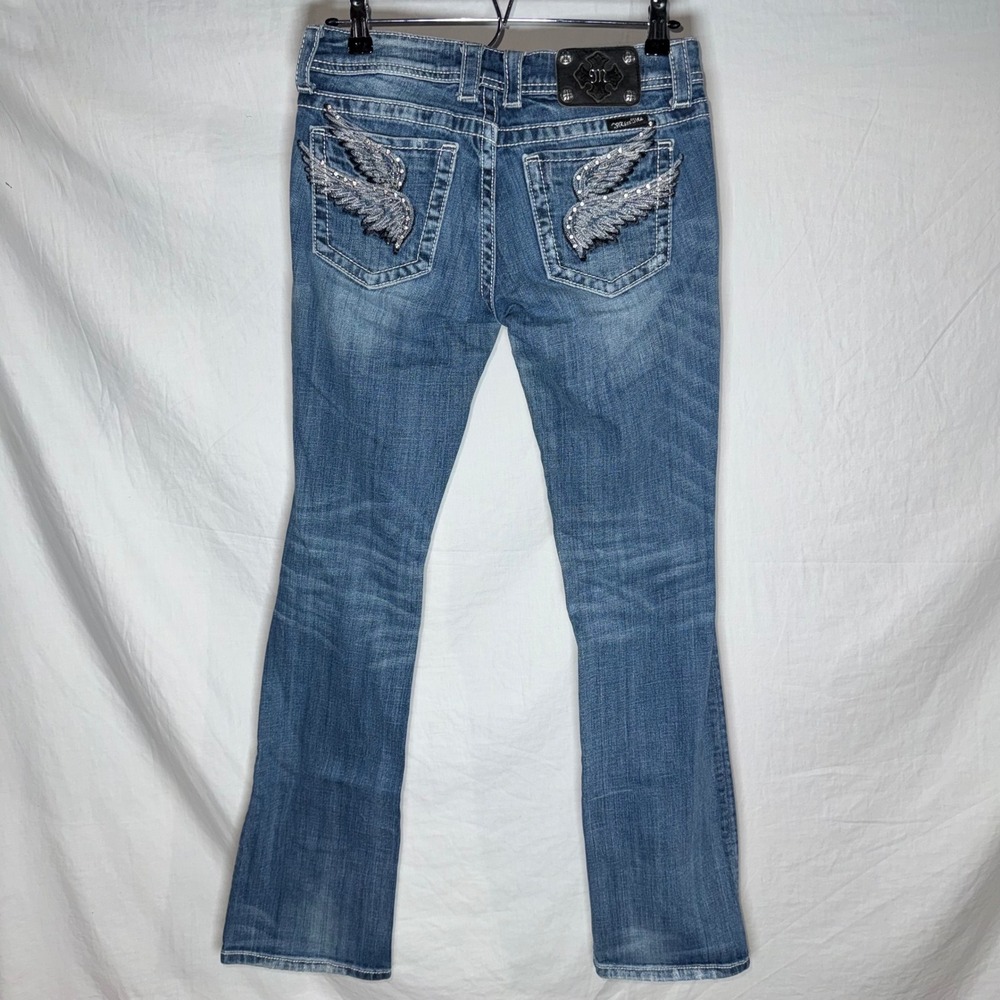 Miss Me Y2K Bootcut Jeans Medium Wash Rhinestone Wing Low Rise Womens 28